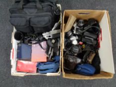 Two boxes of camera equipment and cameras by Olympus, Zenit, Praktica, Pentax, lens,