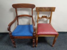 A Victorian mahogany armchair and similar dining chair