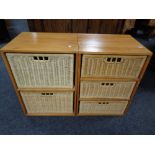 A pair of pine and wicker drawer chests