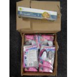 A box of re-sealable food bags and a quantity of pedicure pods