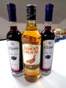 A bottle of Famous Grouse Scotch Whisky 70 cl, and two bottles of 1599 small batch sloe gin,