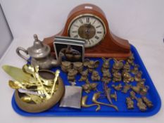 A tray of brass animal ornaments, miniature bells, teapot, two hip flasks,