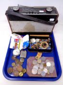 A tray of Roberts radio, Timex pocket watch, pre decimal coins, Polo lighter,