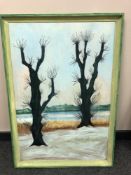 Oil on canvas depicting trees by a coast,