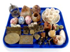A tray of quantity of assorted onyx ornaments and assorted miniature brass furniture