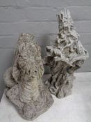 Two concrete garden ornaments : wizard and dragon