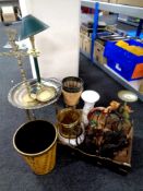 A box of vintage chalk figure, ceramic jardinière on stand, brass stick pot, balance scales,
