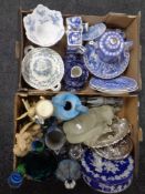 Two boxes of blue and white ceramics, contemporary ornaments,