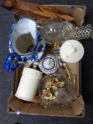 Box of ceramics and glass ware : Booths Real Old Willow teapot, kitchen storage jars,