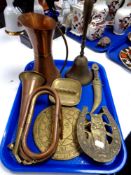 A tray of assorted brass and copper wares - hunting horn, jug, hand bell, Persian dagger in sheath,