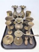 A tray of brass ware including Eastern brass vases, teapot,