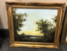 An oil on board depicting a landscape with two figures, signed with initials and dated '22,