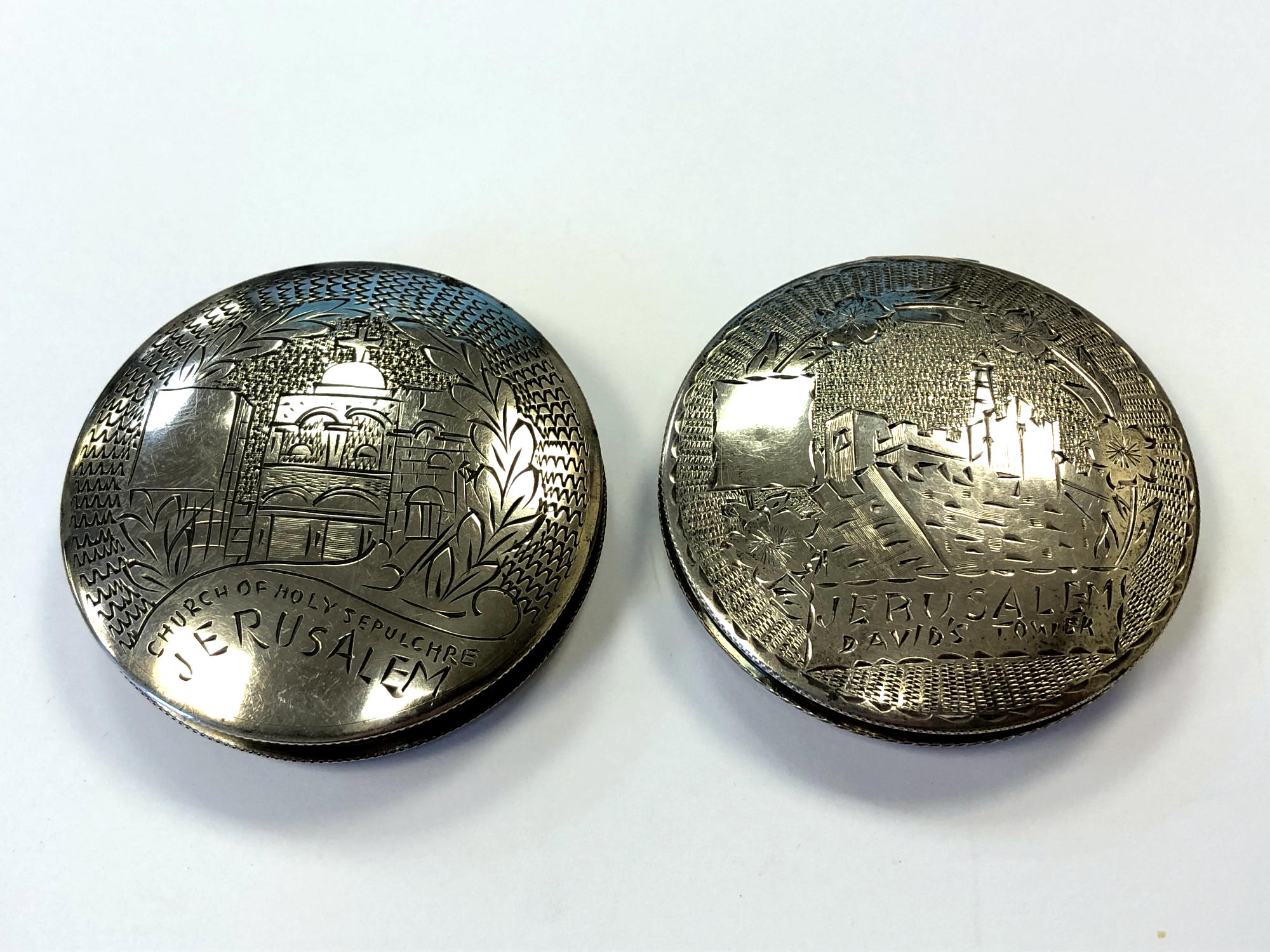 Two Arabic silver compacts marked Jerusalem