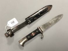 A German 1933-1938 Hitler Youth knife by C Gustav Spitzer, Solingen, in metal scabbard.