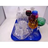 A tray of six coloured wine glasses, dressing table set,