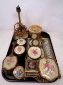 A tray of petit point dressing table pieces