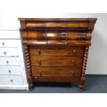 A Victorian mahogany seven drawer Scotch chest with barley twist column supports