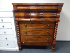 A Victorian mahogany seven drawer Scotch chest with barley twist column supports