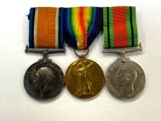 A WWI medal trio on ribbons awarded to 42313 Pte. W. Beaumont Notts & Derby R.