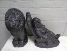 Two painted concrete garden ornaments : lion and gnome