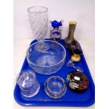 A tray of Dartington glass paperweight, fruit bowl,