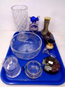 A tray of Dartington glass paperweight, fruit bowl,