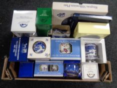 A box of boxed Ringtons china including anniversary caddies, floral trellis tea ware, plaques,