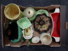 A box of petrol glass bowls, ceramic biscuit barrel,