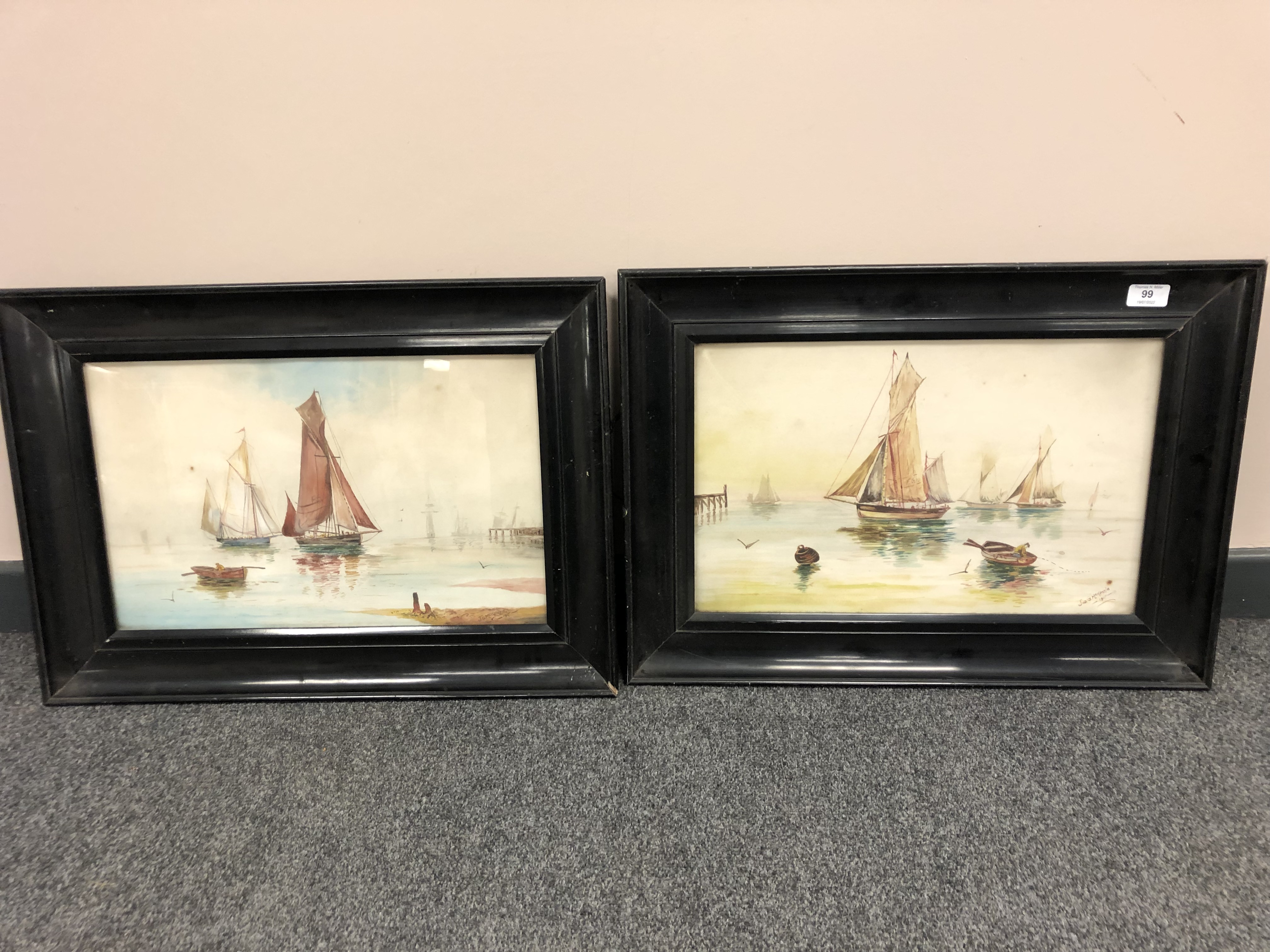 J G Mackenzie : Boats in calm water, watercolour 29 cm x 46 cm, together with the companion piece,