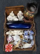Two boxes of musical sewing table, blue glass vase, Ringtons china,