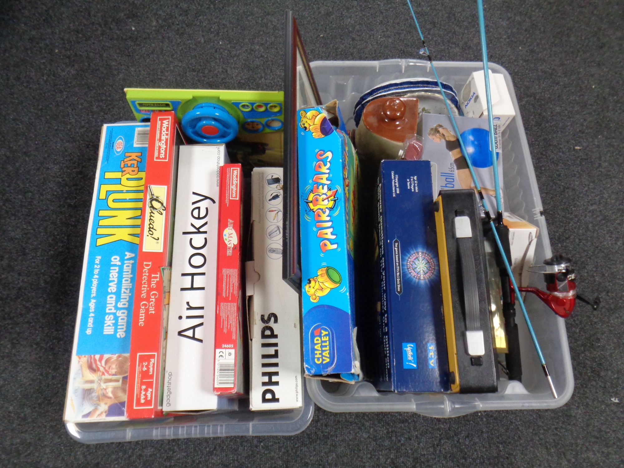 Two boxes of two-piece fishing rod, board games,