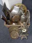 A box of metal ware, trays, ornamental swords, mantel clock,
