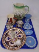 A tray of Wedgwood blue and white jasper ware dishes, Imari bowl, small Limoges plaque,