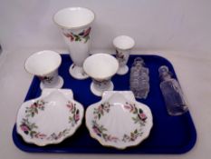 A tray of two small cut glass decanters with stoppers and a quantity of Wedgwood Hathaway rose