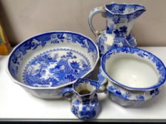 A blue and white porcelain wash jug and basin,