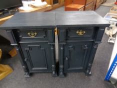 A pair of antique painted pot cupboards fitted a drawer
