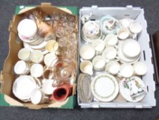 Two boxes of various 20th century tea china, gilt rimmed wine glasses,