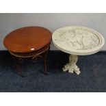 A composite oriental style occasional table on pedestal base and a metal occasional table