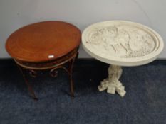 A composite oriental style occasional table on pedestal base and a metal occasional table