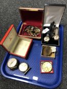 A tray of lady's and gent's wristwatches including Philip Mercier, travel clocks,
