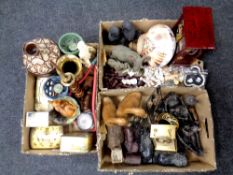 Three boxes of oriental jewellery chest, figures, tins,