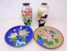 Two Japanese ginbari cloisonne baluster vases (both as found) and two cloisonne dishes