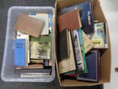 Two boxes of assorted soft back and hard back books : novels, motor cycle repairs,