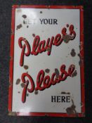 An enamelled advertising sign "Get Your Player's Please Here" 91cm by 61cm.