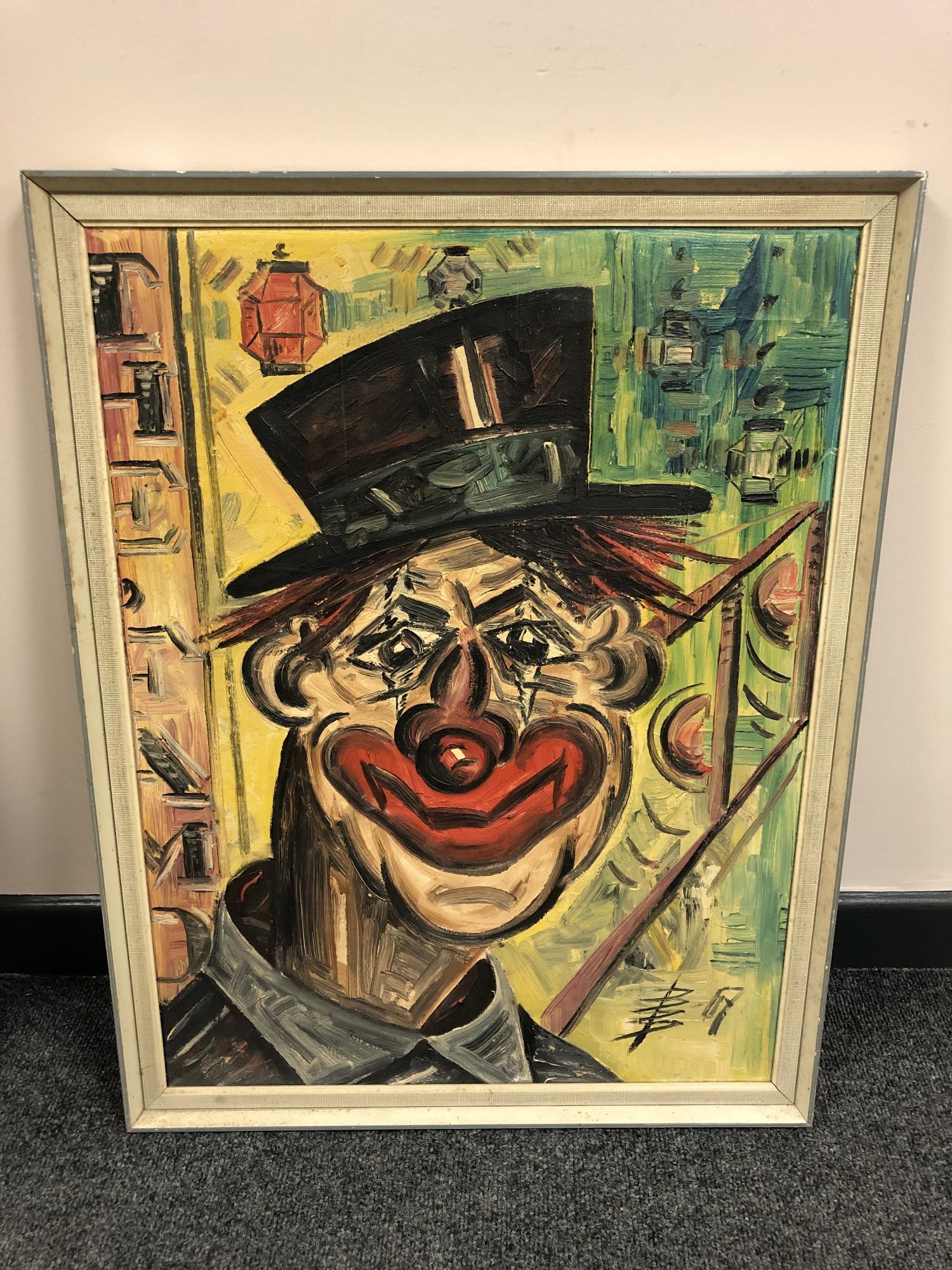 An oil on canvas depicting a clown,
