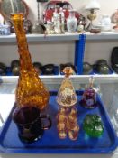 A tray of assorted glass ware to include 20th century liqueur decanter with glasses depicting