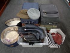 Four cabin cases together with a box and two hat boxes containing hats, Kangol cap,