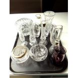 A tray of glass, Edinburgh crystal bud vase, Brierley crystal bowl,