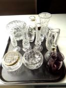 A tray of glass, Edinburgh crystal bud vase, Brierley crystal bowl,