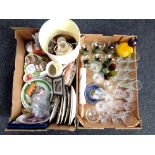 Two boxes of 20th century glass ware, pottery table lamp, collector's plates, pin dishes,